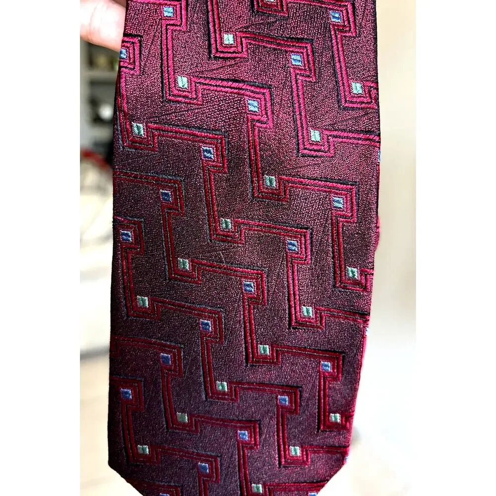 VTG LAZO Silk Necktie Italy Burgundy Metallic Geometric Retro Preppy Pattern 90s